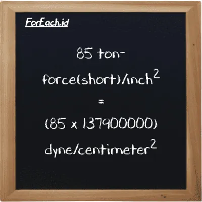 How to convert ton-force(short)/inch<sup>2</sup> to dyne/centimeter<sup>2</sup>: 85 ton-force(short)/inch<sup>2</sup> (tf/in<sup>2</sup>) is equivalent to 85 times 137900000 dyne/centimeter<sup>2</sup> (dyn/cm<sup>2</sup>)